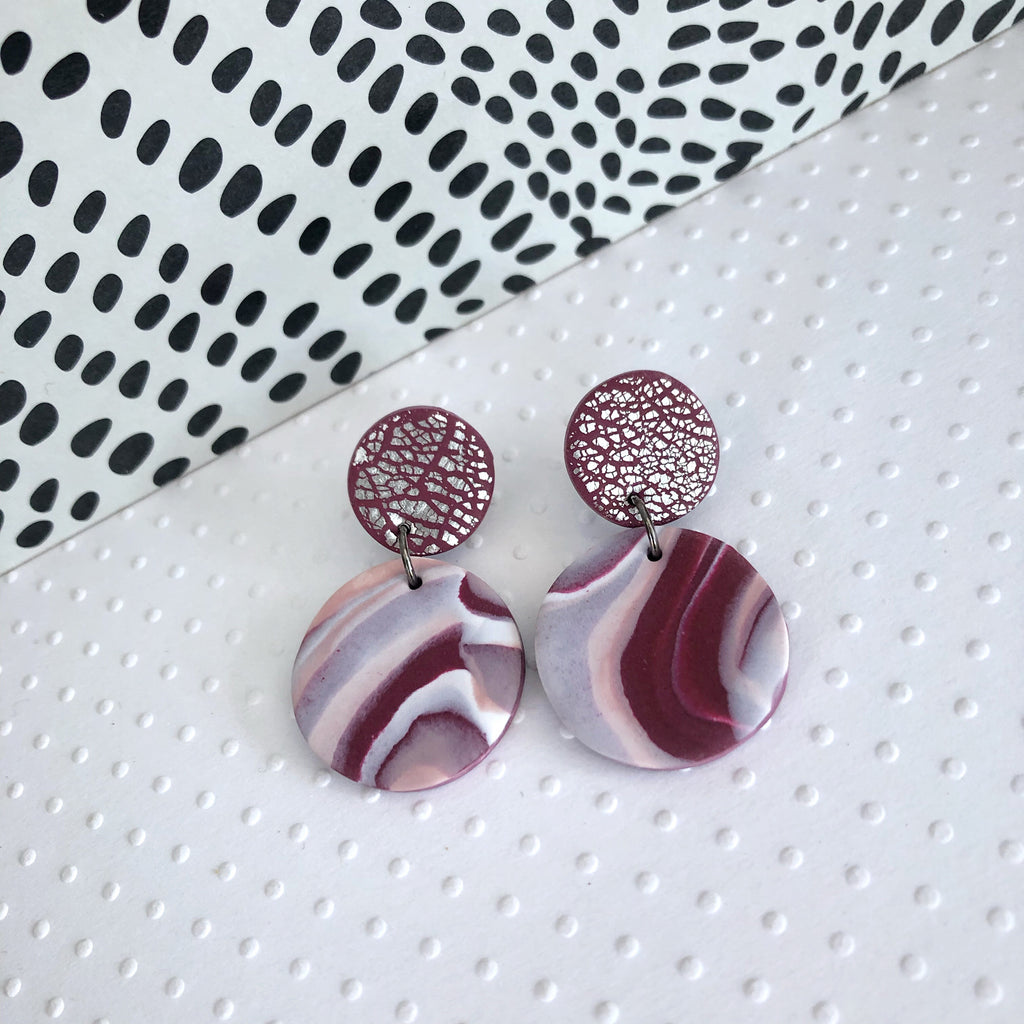 Burgundy marble disc and silver foil statement earrings