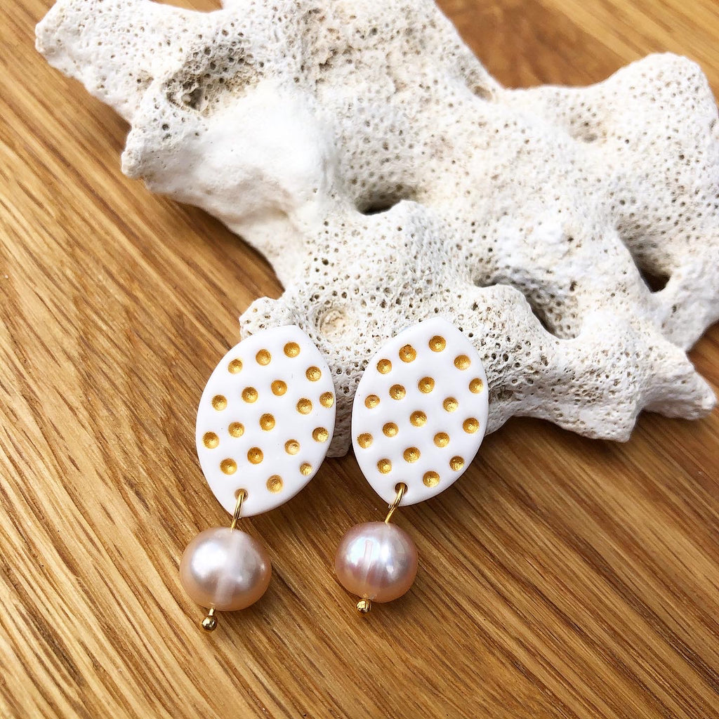 Gold polka dot and pearl statement earring - leaf shape