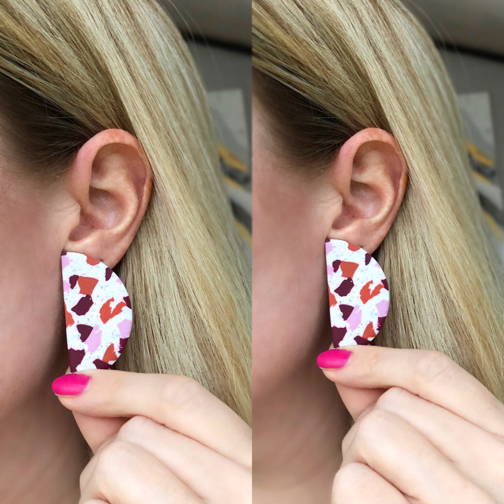 Terrazzo effect speckled semi circle statement earrings