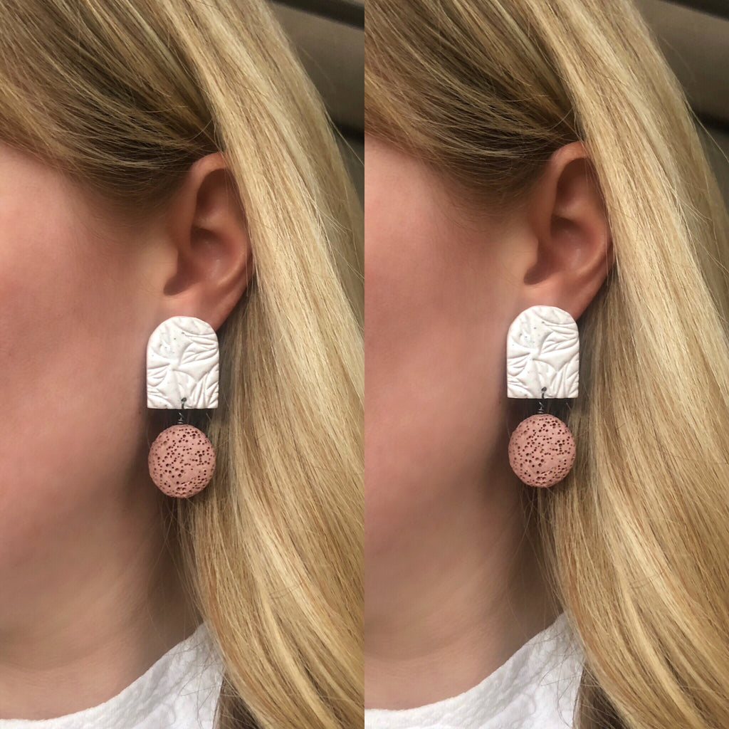 Pink lava stone and clay statement earrings