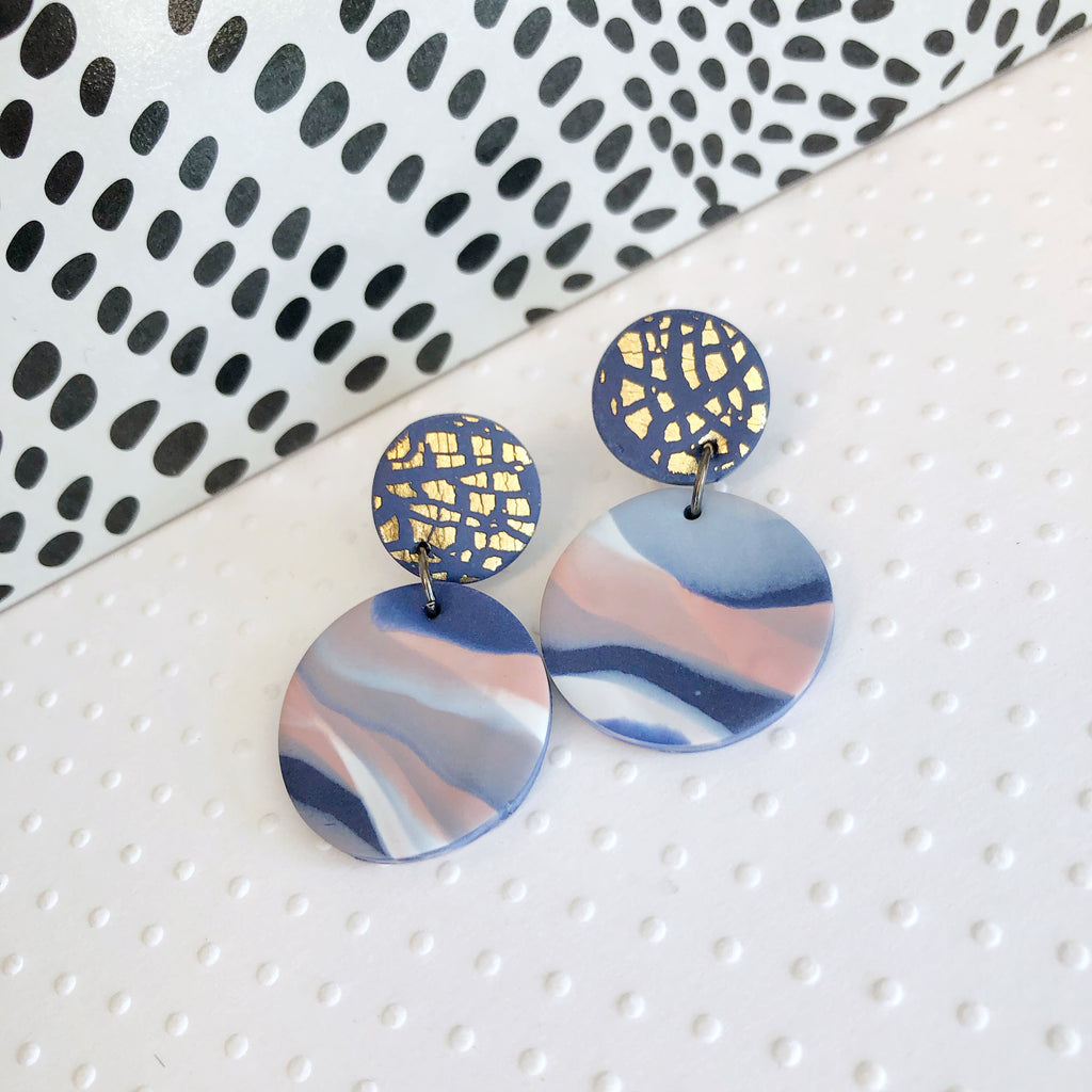 Navy marble disc and gold foil statement earrings